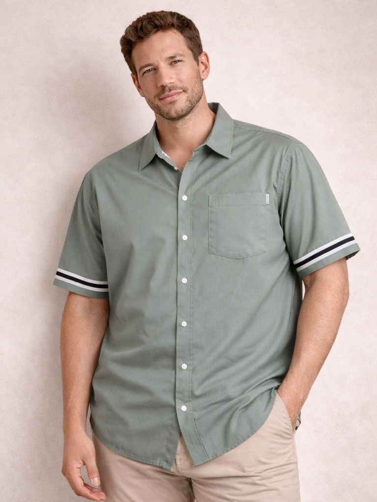 Men's Short-Sleeve Button-Down Shirt In Sage Green With Stripe Sleeve Detail